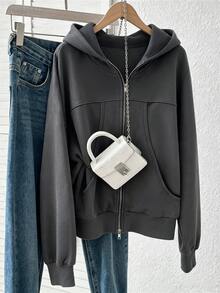 INAWLY Double Zip Hooded Crop Sweatshirt, Long Sleeve Pocket Casual Fitted Zip Up Jacket - Grey - View 5