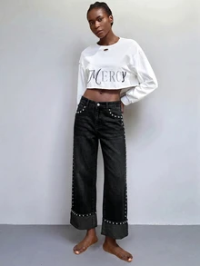 Maija Celana Jeans Wanita Model Lurus dengan Hiasan Manik-Manik - Hitam - View 5