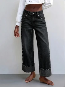 Maija Celana Jeans Wanita Model Lurus dengan Hiasan Manik-Manik - Hitam - View 3