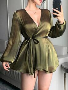 Dazy Plus Green Chiffon Blouse With Asymmetrical Front, Tie Waist, Long Sleeves, Elegant For Wedding And Party - Dark Green - View 3