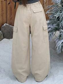 Dazy Plus Solid Color Casual Traditional Side Pocket Cargo Pants Street Loose Wide Leg Curved Leg Denim Jeans Autumn Formal Going Out Grey - Apricot - View 2