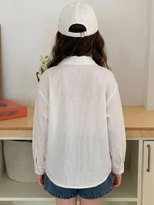 Hapijoa Tween女孩翻領短袖襯衫，夏季款 - 白色 - 查看 2