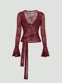 Sweetra Y2K Sexy Lace Deep V-Neck Bell Sleeve Elegant Tie-Front Slimming Top - Burgundy - View 2