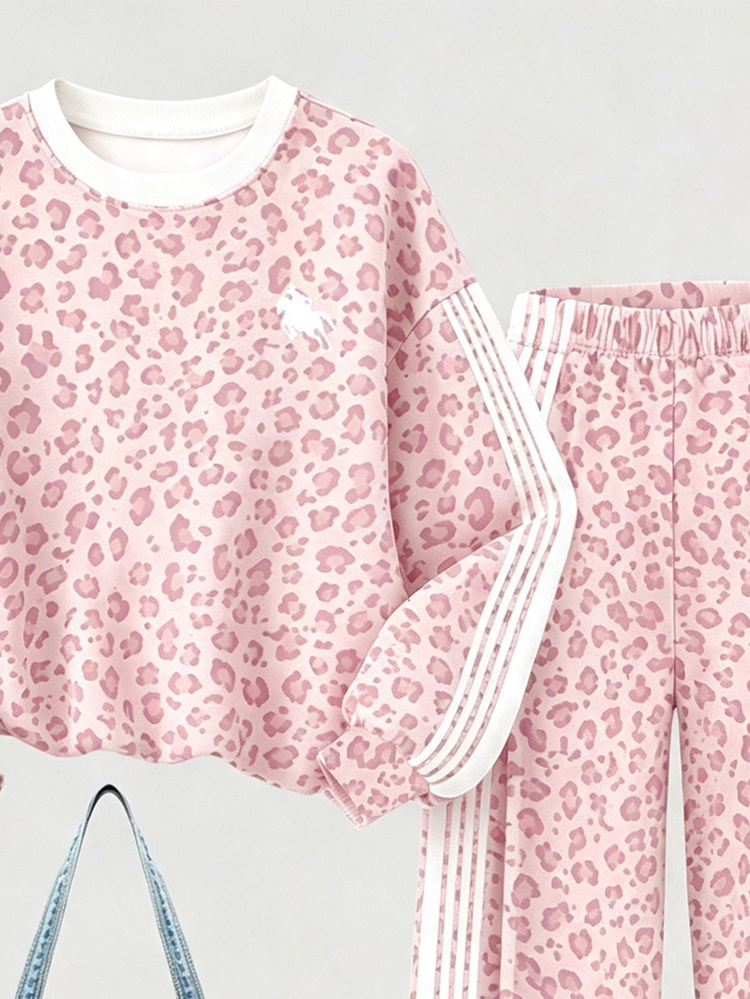 Vintage Fashion Leopard Print Light Pink & White Striped Tween Girl Casual Loose Soft Thick Drop Shoulder Long Sleeve Crew Neck Pullover Sweatshirt & Wide Leg Sweatpants Set, Suitable For Autumn/Winter Daily, Street, Outdoor, Sports, Campus, Back To School - White - View 11