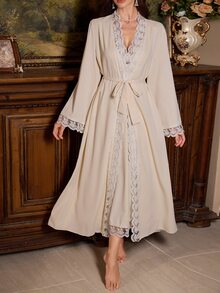 PalaceNights Embroidered Lace Trim Patchwork Long Sleeve Long Robe + Sleeveless Cinched Waist Dress Women's Pajama Set - Apricot - View 6