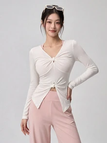 DAZY Women's Minimalist Front Knot Ruched Long Sleeve Sports T-Shirt Fall - White - View 7