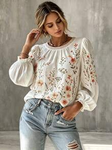 Trelyra Women's Early Autumn French Vacation Pastoral Style Digital Print Ruffle Puff Long Sleeve Round Neck Casual Loose Blouse Top - White - View 4