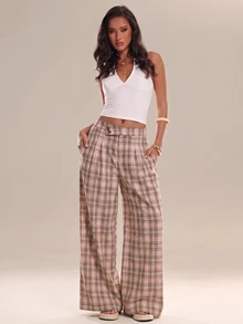 Avantive Women's Casual Commute Plaid Wide Leg Long Pants - Pink - View 7