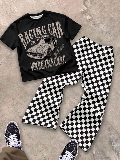 Tween Boy Casual Comfortable Fashion Minimalist Crew Neck Short Sleeve Flare Pants T-Shirt Set, Classic Vintage Racing Graphic Print, Cool Black And White Checkerboard Pattern Print, Streetwear Flare Pants, Suitable For Autumn/Winter, Suitable For Y2K