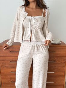 DAZY Women's Floral Lace Patchwork Camisole & Long Pants & Long Sleeve Top Pajama Set - Beige - View 3