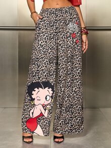Betty Boop x SHEIN Women's Leopard Print Cartoon Wide Leg Long Pants - Brown - View 1