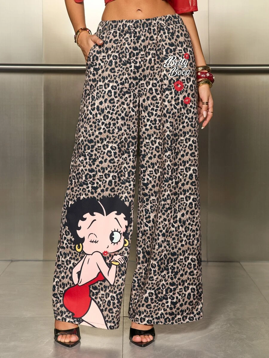 Betty Boop x SHEIN Women's Leopard Print Cartoon Wide Leg Long Pants - Brown - View 1