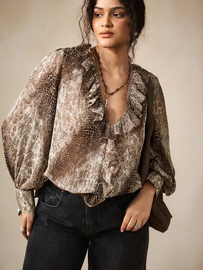 Nubod Plus Size Women's Commuter Versatile Snake Print Chiffon Blouse, Ruffle V-Neck Stand Collar Long Sleeve Top, Elegant Slightly Sheer Waist-Cinching Shirt