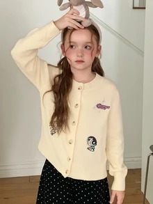 THE POWERPUFF GIRLS X DAZY Tween Girl Cartoon Embroidered Round Neck Long Sleeve Cardigan, Autumn/Winter - Apricot - View 5