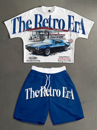 StoneGrade American Vintage Car Gas Station Store Fashion Print Men's Standard Size Cropped Loose Fit Batwing Sleeve Short Sleeve T-Shirt & Double Waistband Short Sweatpants Set