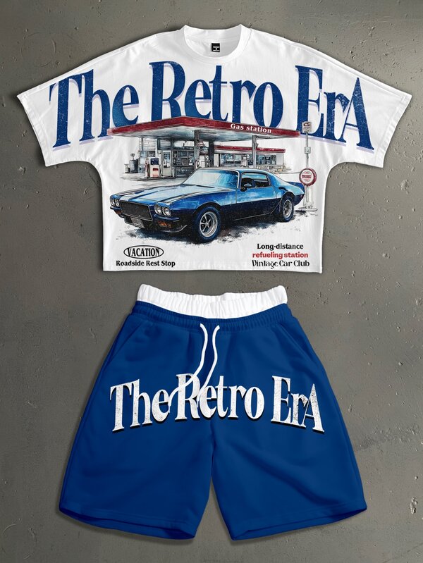StoneGrade American Vintage Car Gas Station Store Fashion Print Men's Standard Size Cropped Loose Fit Batwing Sleeve Short Sleeve T-Shirt & Double Waistband Short Sweatpants Set