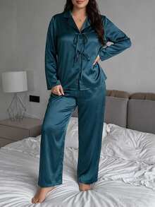 Dazy Plus Solid Color Satin Loose Top And Pants 2-Piece Set, Spring/Autumn Loungewear Pajama Set - Dark Green - View 7