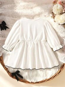 SHEIN Newborn Baby Girls A-Line Dress Sweet Elegant White Black 3D Bow Ribbed Frill Puff Sleeve Round Neck Birthday Party Autumn Winter Fall Soft Ribbing - Beige - View 5