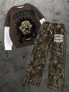 1 Set Street Style Character Print Digital Print Camouflage Pants Brown Top Casual Fashion Tween Boys 2 In 1 Crew Neck Sweatshirt Top And Sweatpants Set - Multicolor - View 1