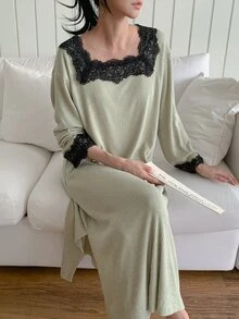 DAZY Women's Comfortable Versatile Lace Patchwork Long Sleeve Nightgown - Khaki - View 15