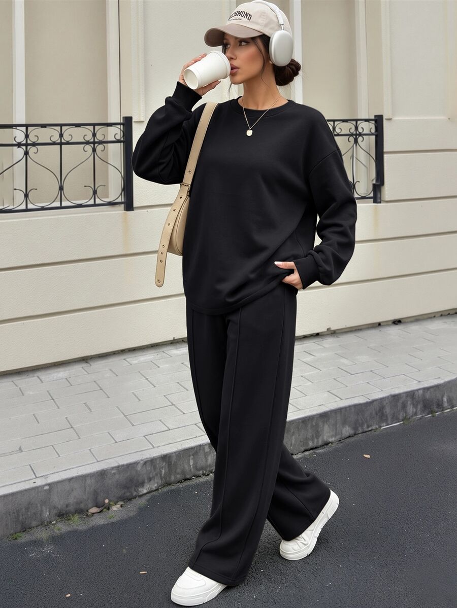 SHEIN Autumn Casual Solid Color Sweatshirt Sweatpants 2 Pieces Set Lounge Black - Black - View 1