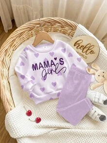 Lila, süßer Herz-Buchstaben Mama'girl❤, Baby Mädchen lässig bequem weich dick warm Rundhals Langarm Sweatshirt & Leggings, geeignet für Herbst/Winter Alltag, gemütliche Saison, stilvolles Baby Mädchen - Verschiedenfarbig - Übersicht 4