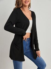 Elenzga Jaket Cardigan Tipis Lengan Panjang dengan Kantong, Model Slimming Relaxed Fit untuk Wanita Ukuran Plus, Cocok untuk di Rumah & Bepergian - Hitam - View 5