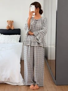 DAZY Women's Plaid Top And Pants Pajama Set Fall - Blue - View 5