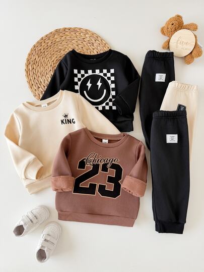 SHEIN 6pcs/Set Baby Boy Letter & Stripe Print Sweatshirt And Jogger Pants Page Boy Back-To-School