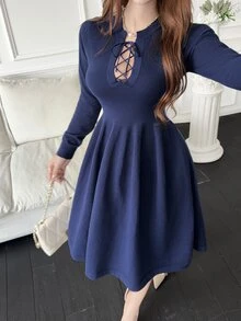 Feyla Women's Versatile Drawstring Tie Long Sleeve Sweater Dress - Navy Blue - View 3
