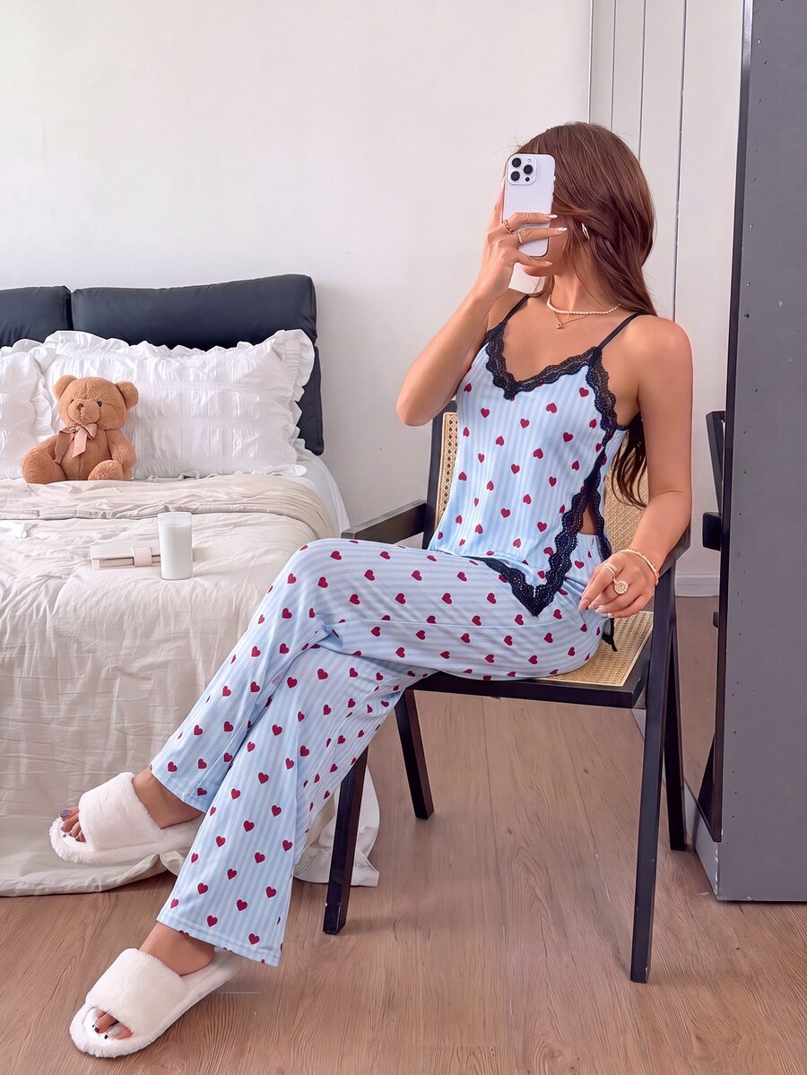 Napfluff Heart Print Cami Home Set, Black Lace Trim Asymmetrical Hem Playful Pajamas - Blue - View 1