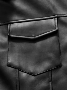 AXEPEAK Men's Solid Color PU Leather Jacket With Lapel Collar And Long Sleeves - Black - View 3