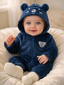 LMoss Kids 男嬰針織純色人造毛可愛動物圖案連帽休閒連身衣 - 寶藍色 - 查看 7