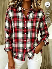 SHEIN New Elegant Preppy 70s Casual Autumn Formal Basic Long Sleeve Plaid Commuter Simple Red And White Plaid Women's Shirts Weekend Everyday Thanksgiving - Multicolor - View 4