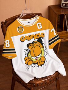 GARFIELD | SHEIN تي شيرت صيفي كاجوال بمقاسات كبيرة مع طباعة كرتونية وتصميم كتل لونية وقطع متداخلة - أبيض - مشاهدة 1