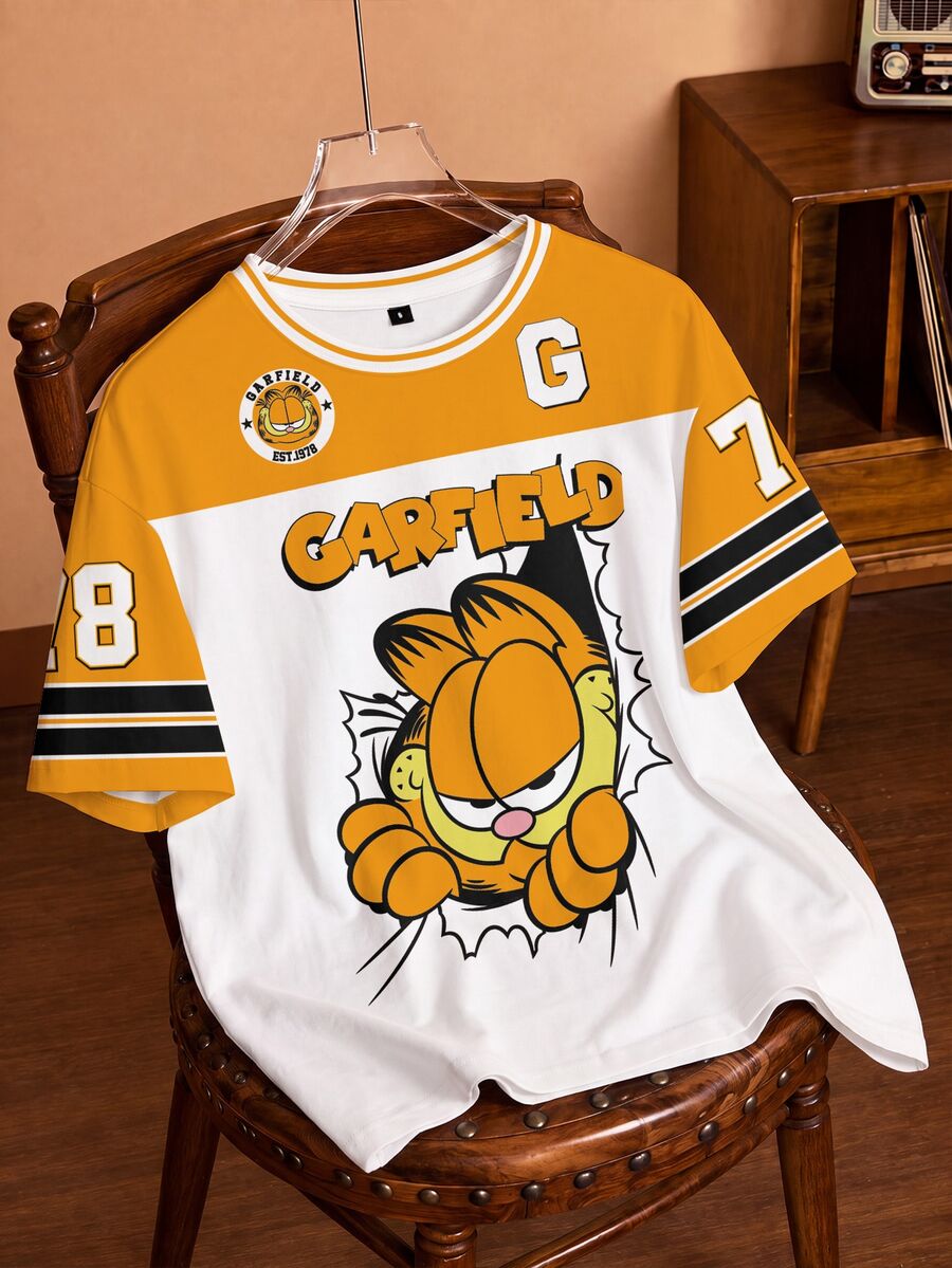 GARFIELD | SHEIN تي شيرت صيفي كاجوال بمقاسات كبيرة مع طباعة كرتونية وتصميم كتل لونية وقطع متداخلة - أبيض - مشاهدة 1