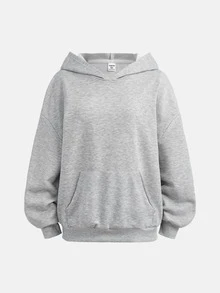 SHEIN Girlism 青少年女孩秋冬休閒灰色檸檬木槿花英文泡棉印花口袋衛衣，返校季 - 灰色 - 查看 2