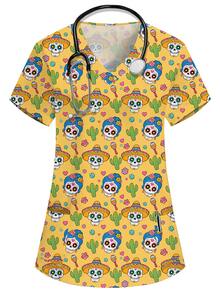 PopScrub Halloween Jaune Col en V Manches Courtes Double Poche Mignon Squelette de Dessin Animé, Uniforme de Travail Infirmière Médecin Imprimé Squelette, Uniforme de Scrubs d'Examen, Uniforme de Travail de Toilettage pour Animaux de Compagnie, Uniforme de Travail de Nutritionniste, Uniforme de Travail de Laboratoire, Vêtements de Vacances Fonctionnels Multi-Poches pour Femmes, Top d'Été pour Femmes, Jour des Morts, Fête d'Halloween, Mignon Effrayant - Jaune citron - Voir 1
