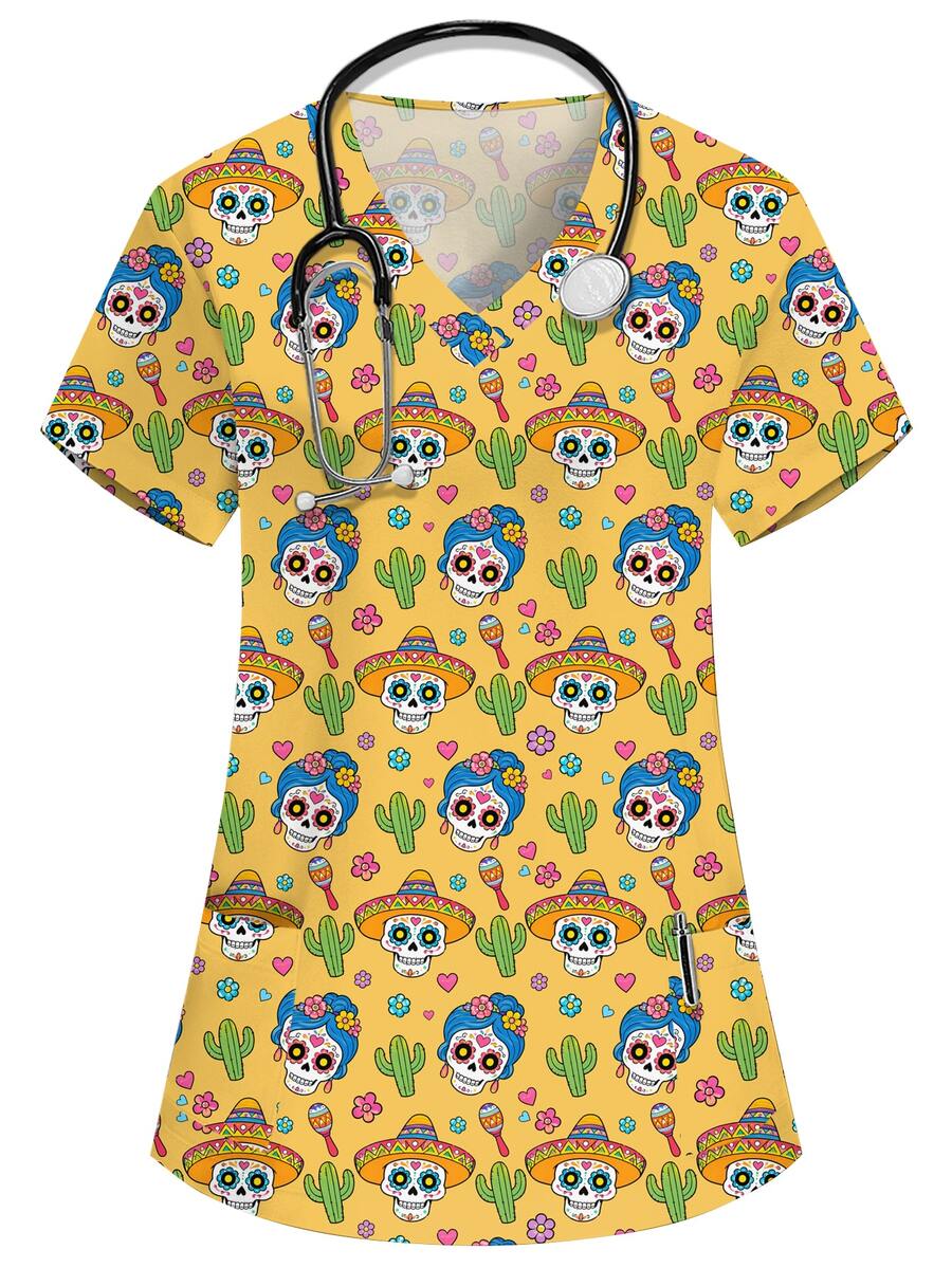 PopScrub Halloween Jaune Col en V Manches Courtes Double Poche Mignon Squelette de Dessin Animé, Uniforme de Travail Infirmière Médecin Imprimé Squelette, Uniforme de Scrubs d'Examen, Uniforme de Travail de Toilettage pour Animaux de Compagnie, Uniforme de Travail de Nutritionniste, Uniforme de Travail de Laboratoire, Vêtements de Vacances Fonctionnels Multi-Poches pour Femmes, Top d'Été pour Femmes, Jour des Morts, Fête d'Halloween, Mignon Effrayant - Jaune citron - Voir 1