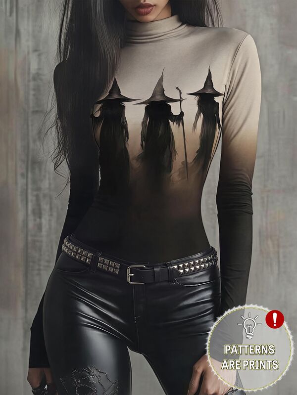 Balvessa Gradient Color Half-High Neck Long Sleeve Fitted Cropped Top, Halloween Witch Silhouette Print Fitted Graphic T-Shirt, Gothic Y2K Elastic Slim Fit Layering Top, Suitable For Party, Street Cosplay Outfit, Women's Eerie Halloween Long Sleeve T-Shirt
