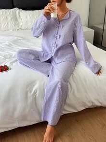 Livesso Spring/Autumn White Women's Style Bow Decor Loose Split Leg Pajama Set - Purple - View 8