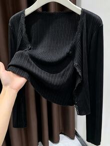 Resyla Women's White Lace Trim Long Sleeve Knit Cardigan - Black - View 1