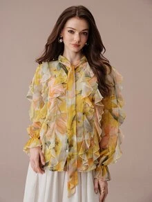 BELROSIE Áo blouse tay dài thanh lịch phong cách Âu Mỹ, thời trang mới thu đông, đa năng, in kỹ thuật số sợi kim tuyến, voan chiffon nhiều lớp bèo nhún thắt dây - Nhiều màu - Xem 4