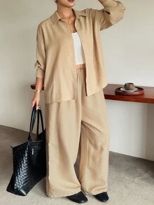 Dazy Plus Solid Color Casual Traditional Loose Long Sleeve Shirt And Wide Leg Pants 2 Pieces Set, Fun Commute Outfit Autumn Formal Vacation Beige - Khaki - View 9