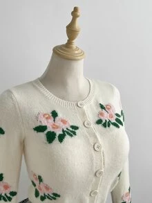 Elamini Women's Apricot Casual Versatile Sweet Floral Daily Commute Autumn/Winter Cardigan Sweater - Apricot - View 4