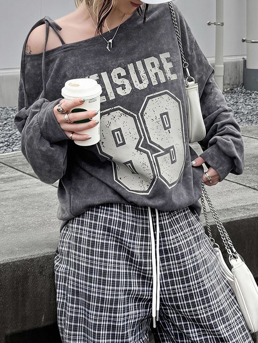 Dazy Plus Letter Print Loose Asymmetrical Cold Shoulder Casual Sexy Top For Girls, Spring Summer Autumn T-Shirt - Grey - View 1