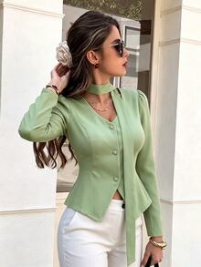 Modelyn Kemeja Hijau Kancing Depan Leher V Musim Semi/Gugur, Atasan Kerja Hijau Sage Musim Gugur/Dingin, Blus Elegan Modern Wanita, Atasan Berkelas, Atasan Kerja Hijau Sage - Hijau - View 5