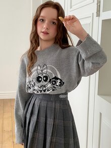 THE POWERPUFF GIRLS X DAZY Tween Girl Cartoon Pattern Long Sleeve Top And Skirt Knit Set Fall - Grey - View 5