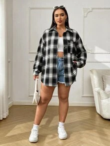 Solflare Plus Plaid Print Drop Shoulder Shirt Fall - Black - View 6
