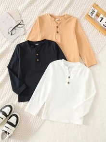 SHEIN 小男孩 3件組針織素色圓領休閒T恤套裝，秋冬款 - 彩色 - 查看 6